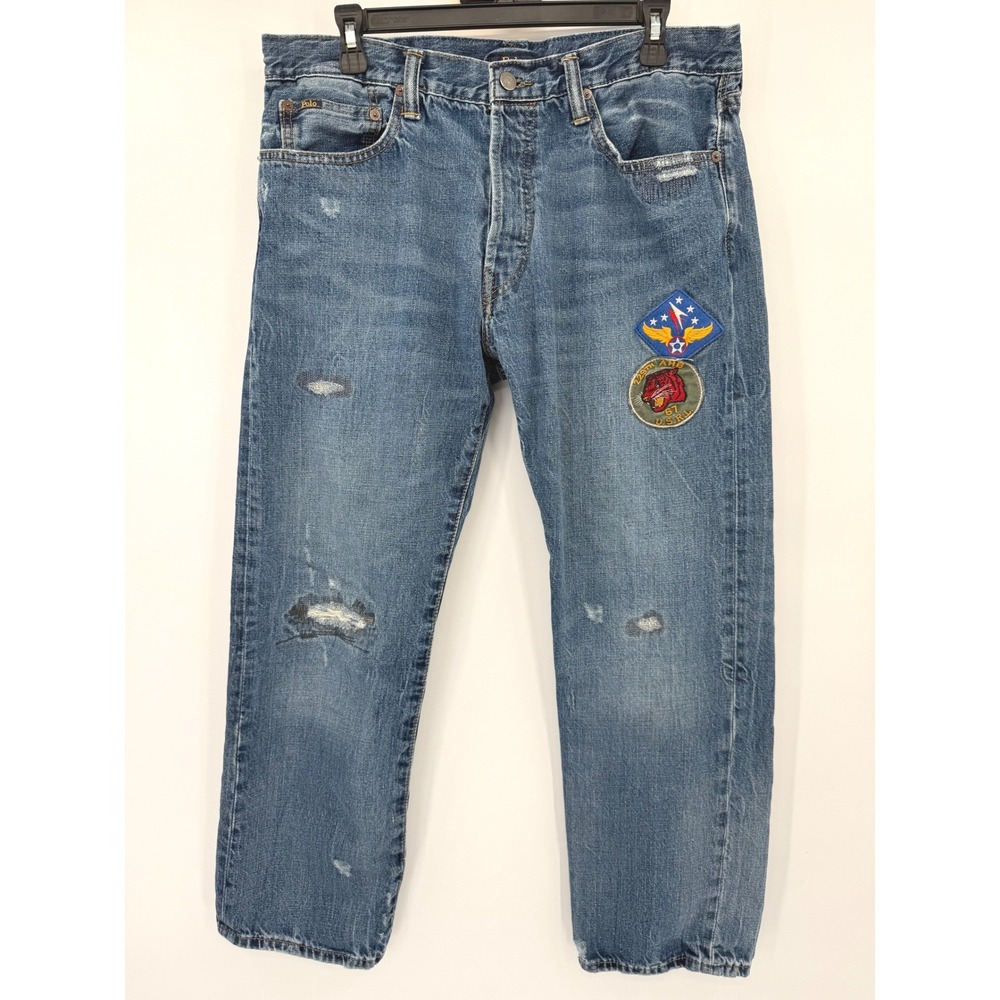 Polo Ralph Lauren Jeans Mens 34 Blue Classic Fit Distressed Military Patches
